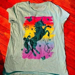 Children’s Place girls blue shirt size XL with Sparkling blue unicorn, etc.
